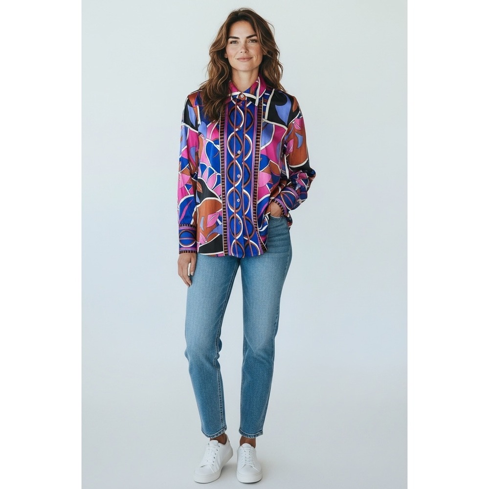 Rachel Zoe Geometric Abstract Print Button Down Blouse Long Sleeve Silky 70's XL